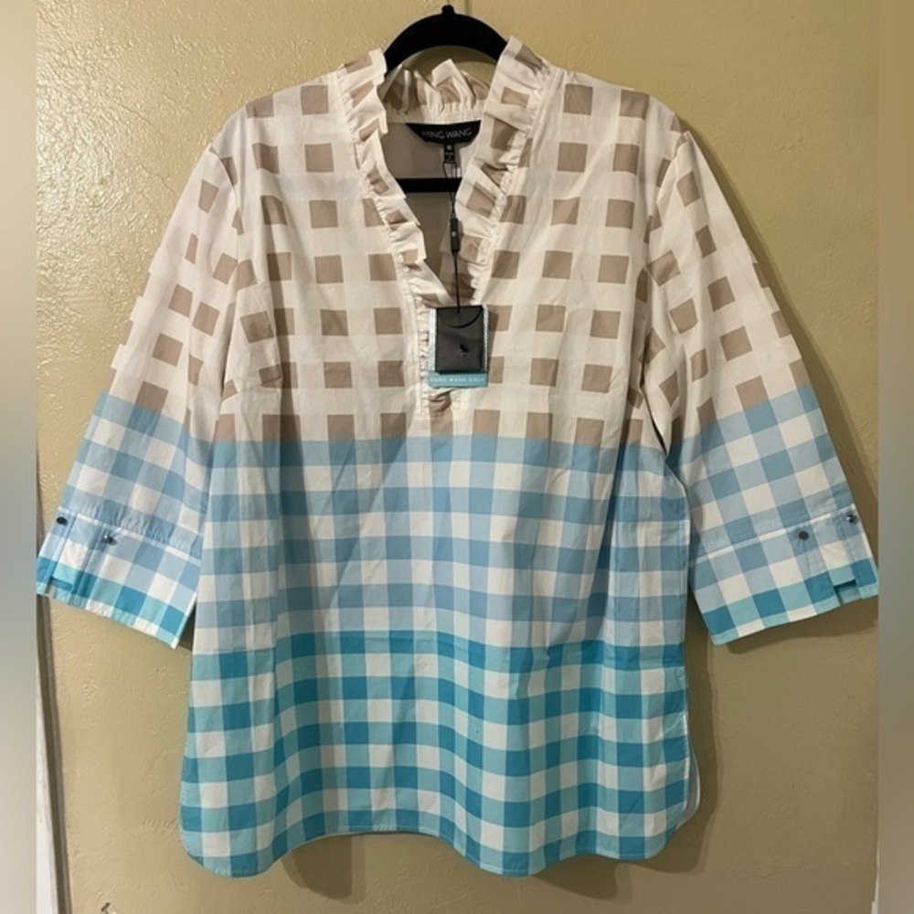 Ming Wang Ruffle V-Neck BlouseGingham Cotton Poplin BlueWhite Blouse Medium